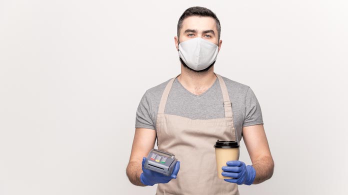 waiter protective mask gloves POS coffee COVID-19