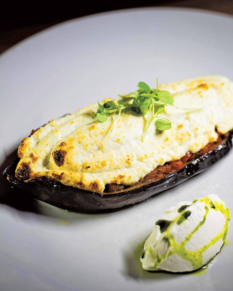 Papoutsakia stuffed eggplant Anthotyro cheese