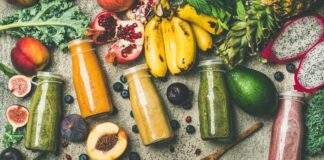 healthy smoothies bottles fresh tropical fruit