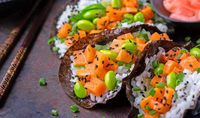 vegan sushi tacos plant based world salmon wakame