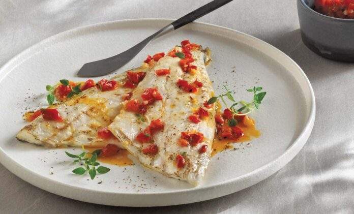 Lavraki with Red Pepper Relish