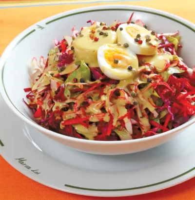 Lachanosalata me Patzaria Cabbage Salad with Beets and Hardboiled Eggs