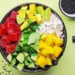 Hawaiian poke bowl with tuna, avocado, mango, cucumber, lamb lettuce and white rice. Soy sauce, lime and sesame dressing. Green table background, top view