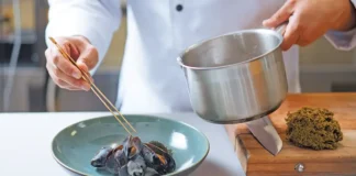 high food cost chef preparing exotic mussels dish
